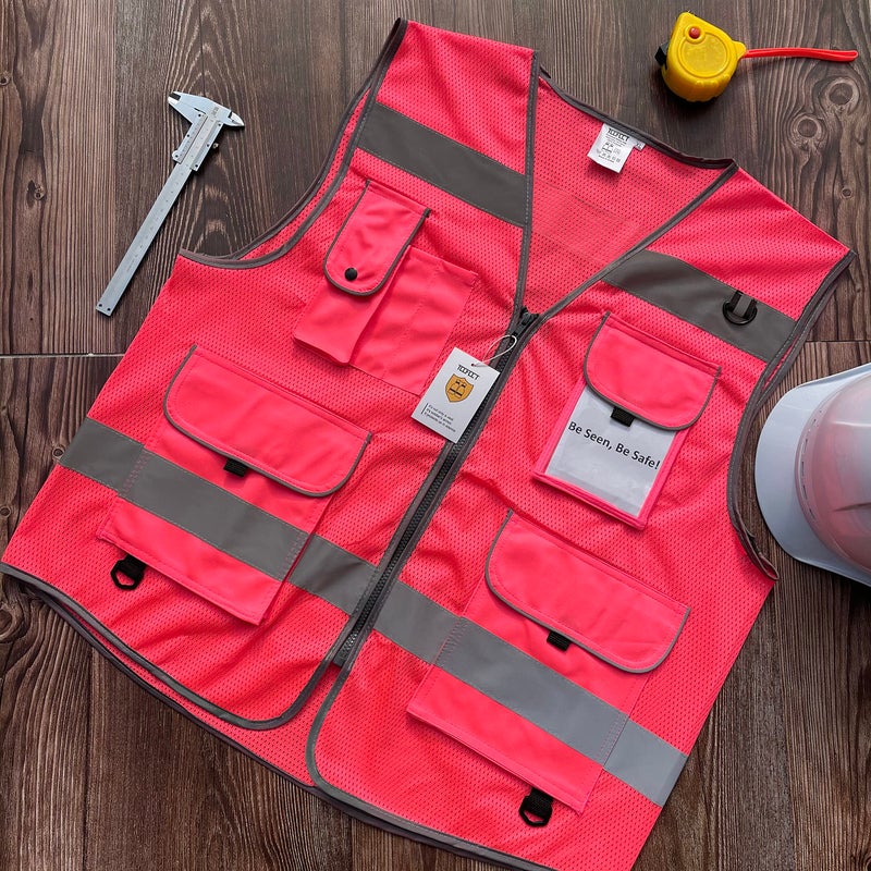 TCCFCCT Mesh Reflective Safety Vest 9 Pockets High Visibility Vest for Men Women, Hi Vis Reflective Work Vest for Safety, Meets ANSI/ISEA Standards, (Pink, XX-Large) - Image 5